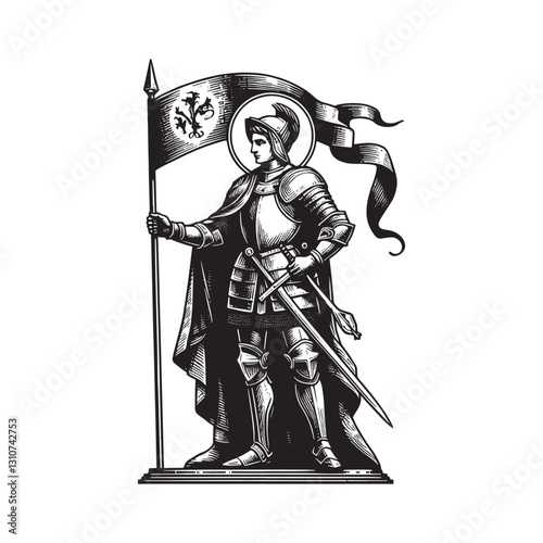 Saint Joan of Arc woodcut illustration in full armor with flag