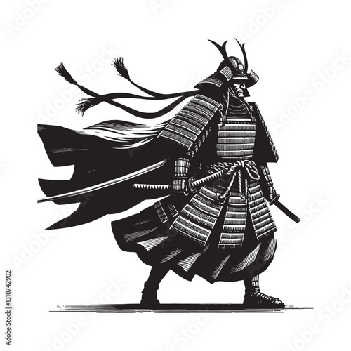 Striking monochrome woodcut illustration of a formidable samurai