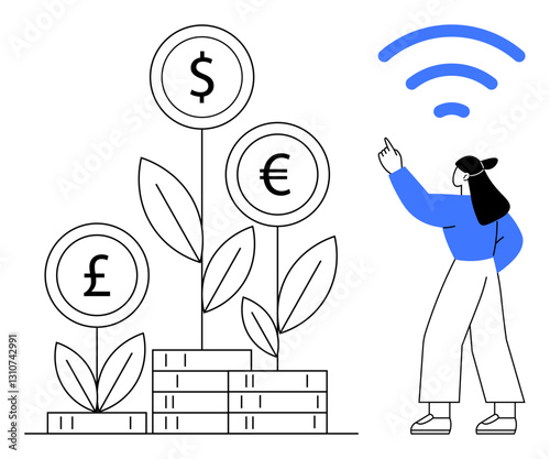 Woman pointing at wireless signal, plants sprouting dollar, euro, pound signs atop coins. Ideal for finance, investment, connectivity, fintech global economy sustainability innovation. Flat simple