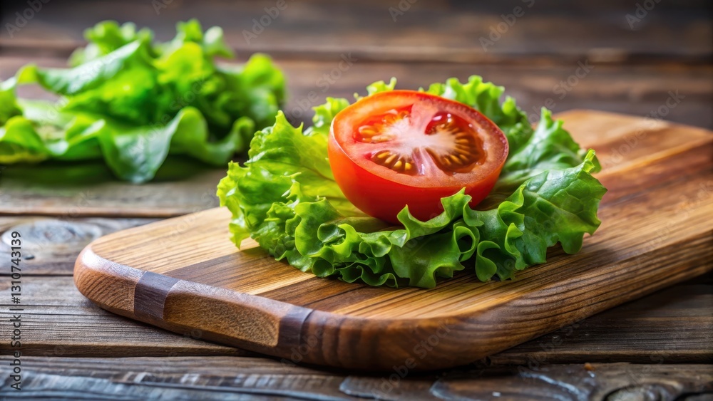 Crisp lettuce leaves on top of a juicy tomato slice on a wooden cutting board , fresh, snack Crisp lettuce leaves on top of a juicy tomato slice on a wooden cutting board , fresh, snack