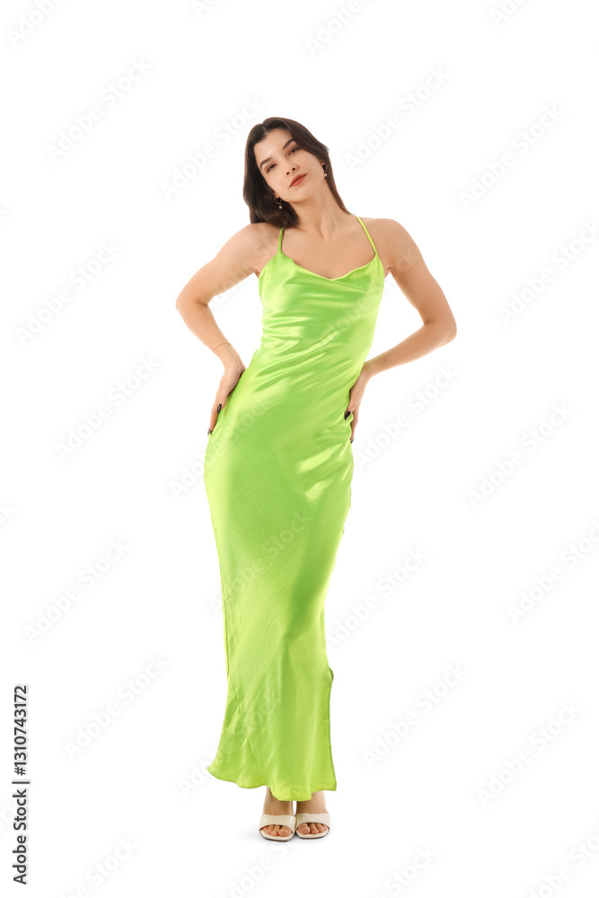 Beautiful young woman in stylish green dress on white background Beautiful young woman in stylish green dress on white background