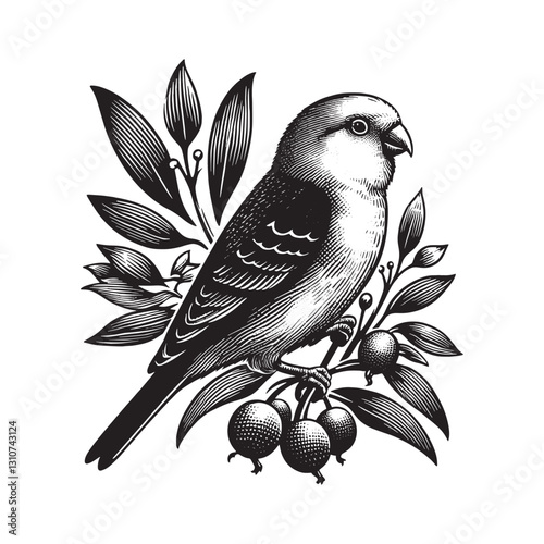 Stylized Lovebird Illustration with Berries in a Decorative Engr