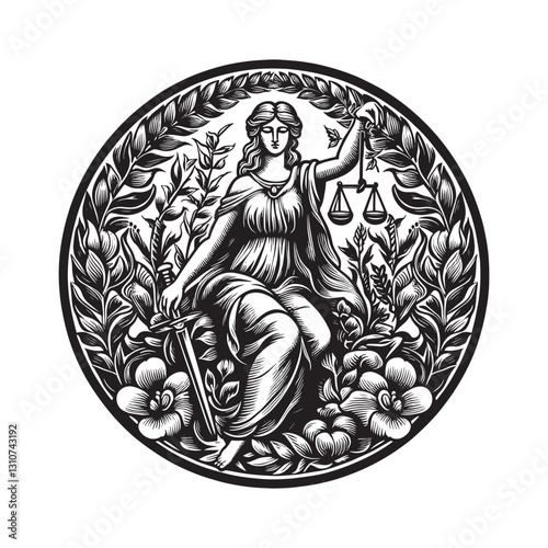 Stylized monochrome woodcut depicting Justice with scales and sw
