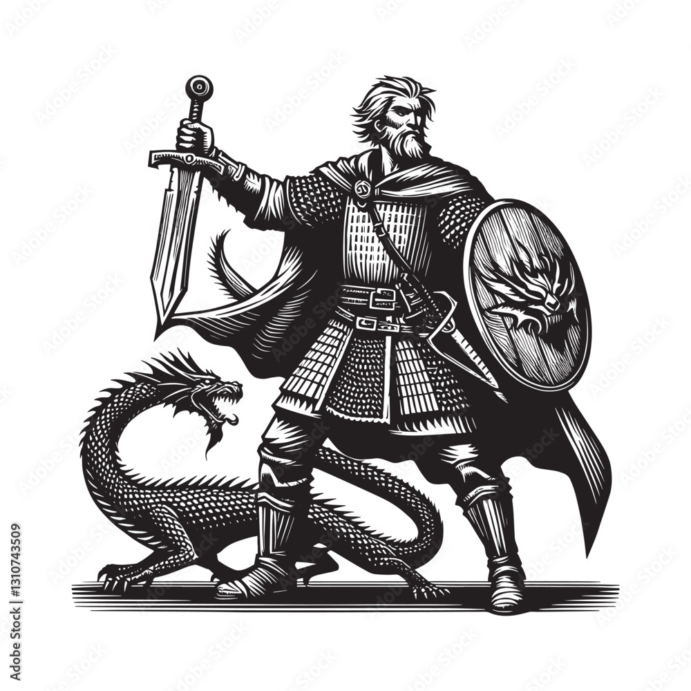 Obraz premium Valiant warrior with dragon-slaying sword illustration in woodcu