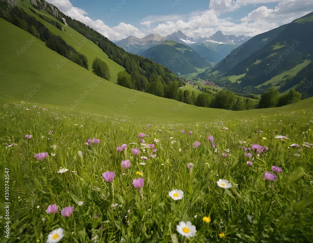 Fototapeta premium Idyllic mountain landscape in the Alps, blooming meadows in springtime, alpine meadow with wildflowers.
