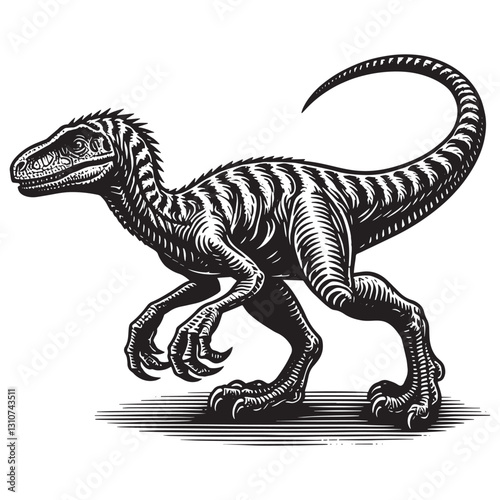 Detailed woodcut illustration of a velociraptor: A small, agile
