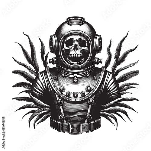 Macabre Diver: A Vintage Diving Suit with a Skeletal Figure in W