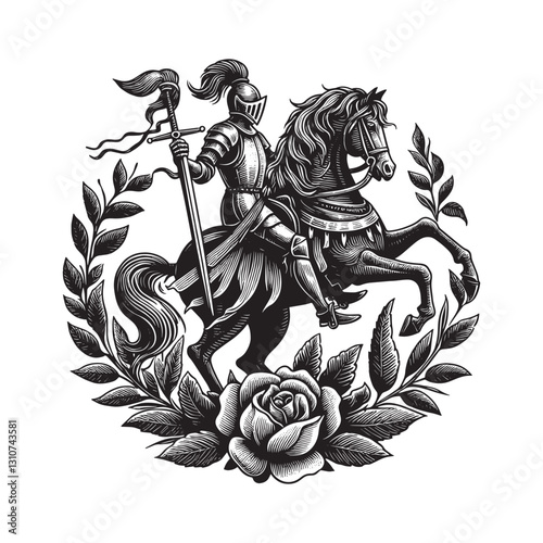 Vintage style illustration of a knight on horseback with floral