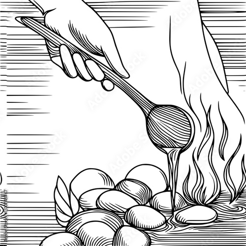 Black and white vector simple outline illustration of a hand holding a ladle pouring water onto a pile of hot stones in a sauna, steam and fire are visible.