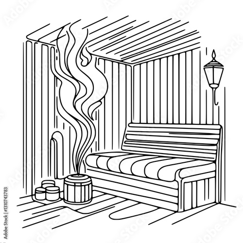 Linear simple kennel vector drawing of a sauna with wooden benches, bucket, steam and lamp on the wall, creating an atmosphere of coziness and relaxation