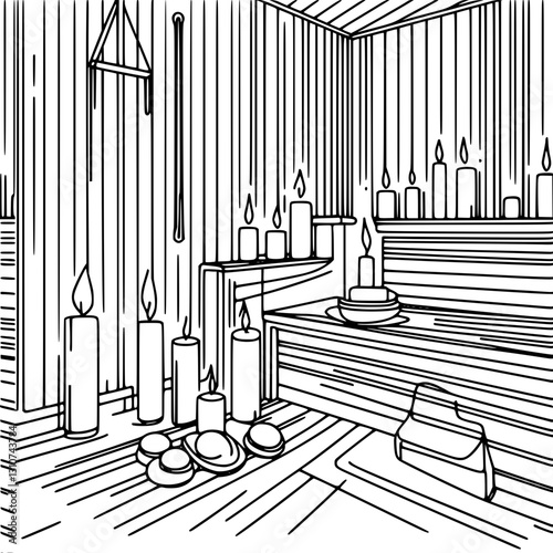 Linear simple kennel vector drawing of a sauna with lit candles placed on the floor, shelves and benches, creating an atmosphere of coziness and tranquility