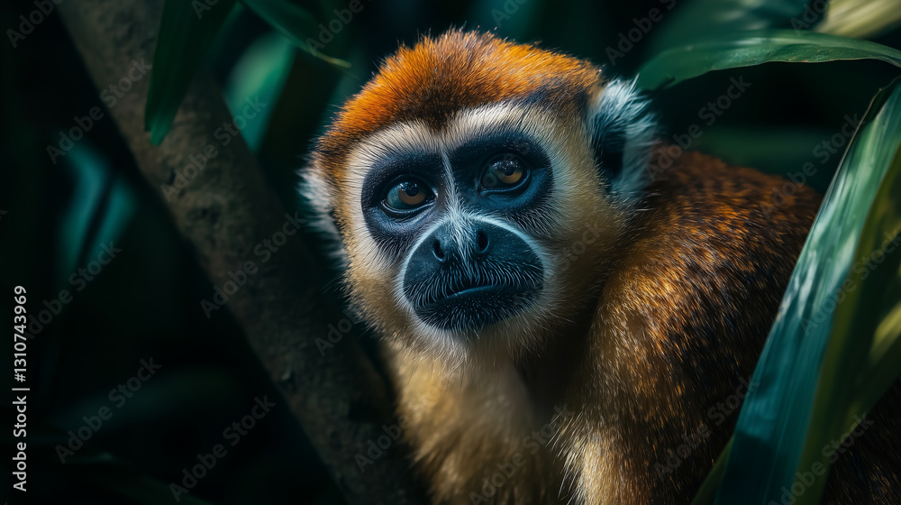 Fototapeta premium curious monkey peers from lush foliage, its expressive eyes hinting at intelligence and playful wonder in its jungle home