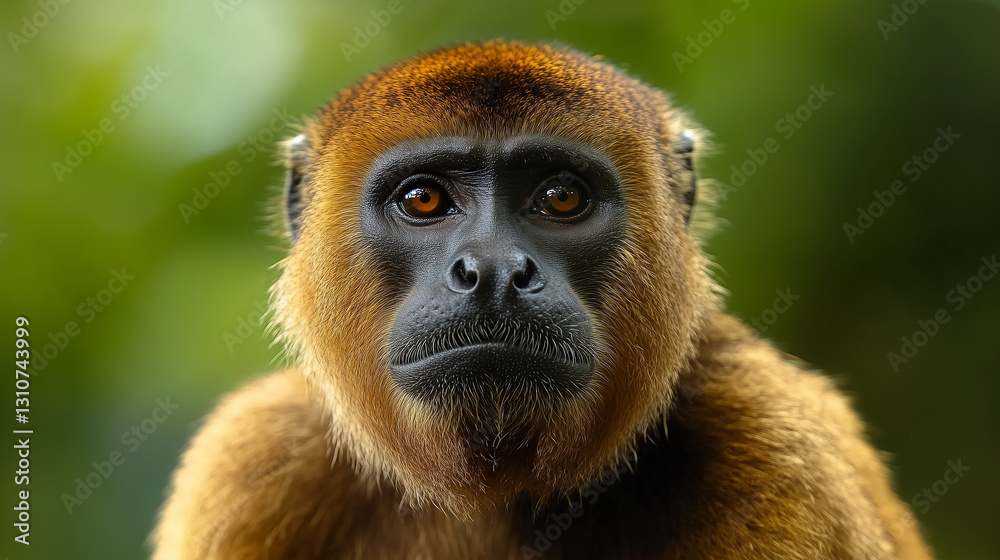 Obraz premium focused portrait captures pensive expression of monkey amidst lush rainforest, revealing its intriguing gaze