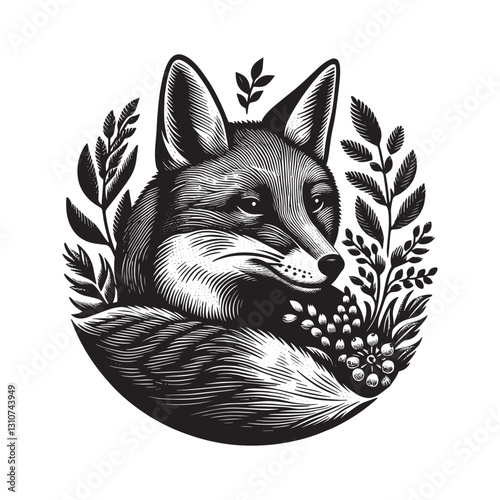 Woodcut styled fox illustration with floral and foliage adornmen