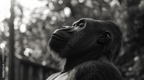 silverback gorilla gazes upwards with serious expression, lost in thought and contemplation in light of forest