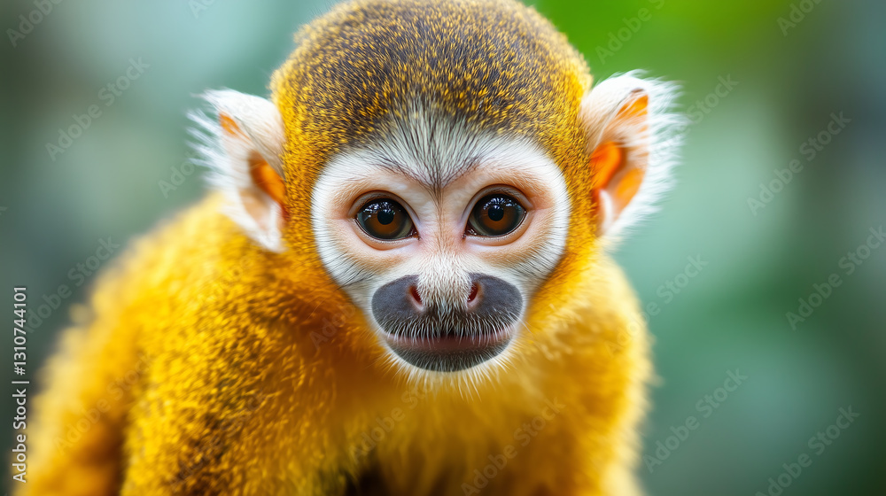 Fototapeta premium Golden monkey gazes intently, its expressive eyes reflecting curiosity and intelligence amid lush foliage, creating an endearing image