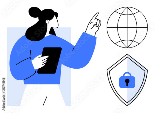 Woman with tablet pointing towards globe and shield with lock. Ideal for cybersecurity, global connectivity, online protection, digital security, technology, data privacy, remote work. Modern