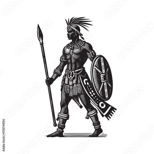 Zulu warrior in traditional woodcut style, full body isolated on