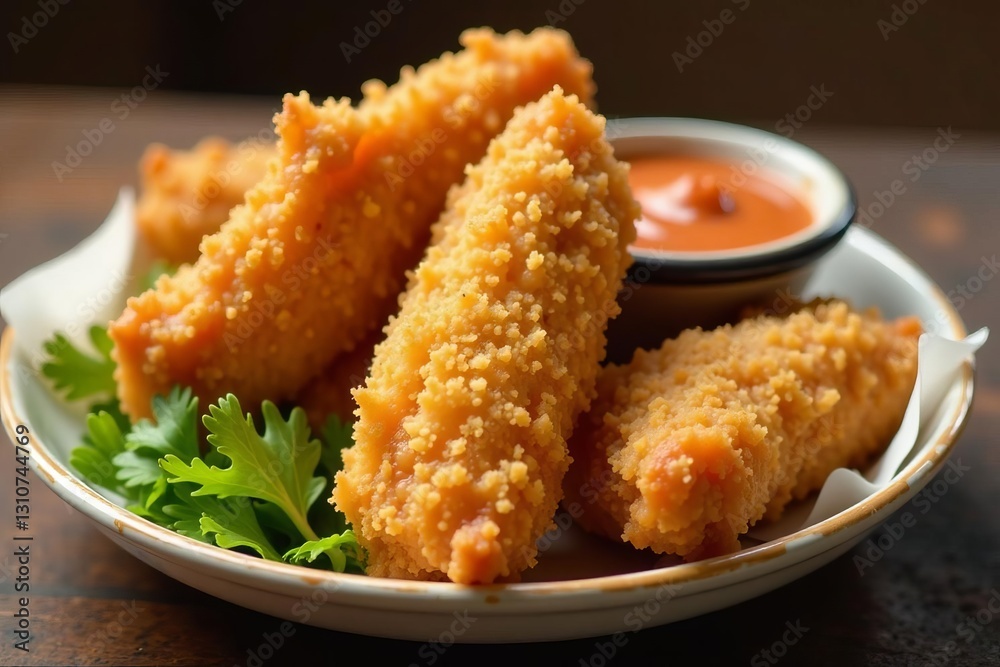 A close-up of crispy chicken tenders in a bowl with dipping sauce, appetizer, savory A close-up of crispy chicken tenders in a bowl with dipping sauce, appetizer, savory