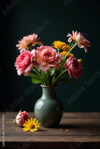 A dark still life with wilted flowers in a small vase on a rustic table , table, flowers