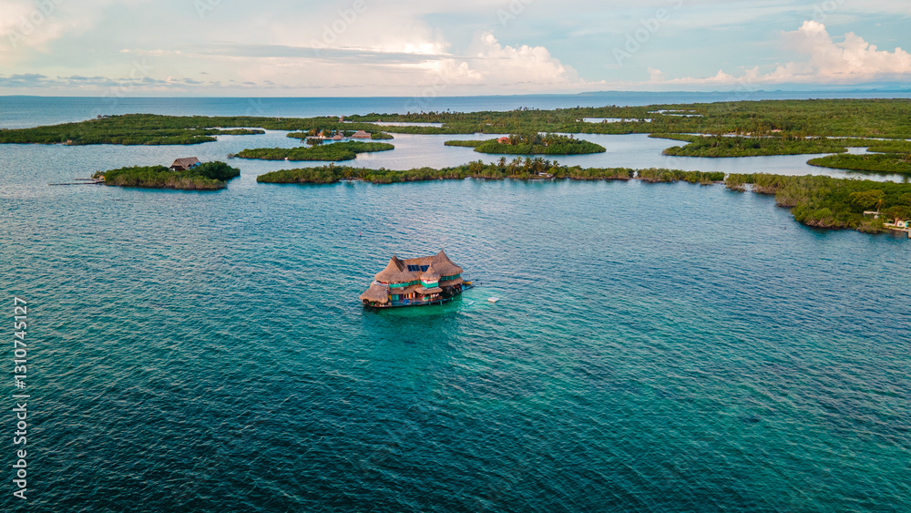 Aerial View of the San Bernardo Archipelago in Sucre, Colombia with a Secluded House on the Water Aerial View of the San Bernardo Archipelago in Sucre, Colombia with a Secluded House on the Water
