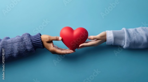 Two hands gently holding a red heart symbolizing love and compassion against a soft neutral background of togetherness photo