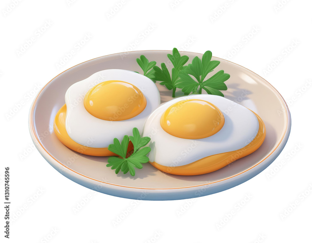 Two sunny side up eggs with parsley on a plate, 3D illustration Two sunny side up eggs with parsley on a plate, 3D illustration