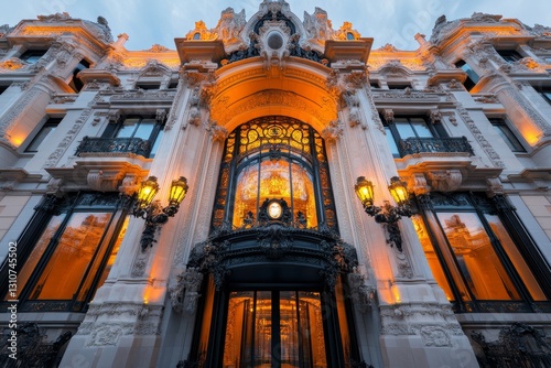 A stunning view of the Palau de la MÃºsica Catalana ornate faÃ§ade, with its intricate mosaics and sculptural details photo