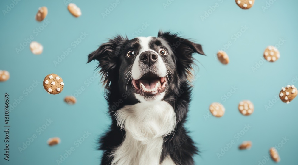 Fototapeta premium Happy dog catching cookies; blue background; food photography