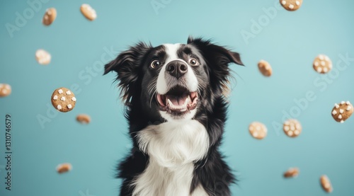 Happy dog catching cookies; blue background; food photography