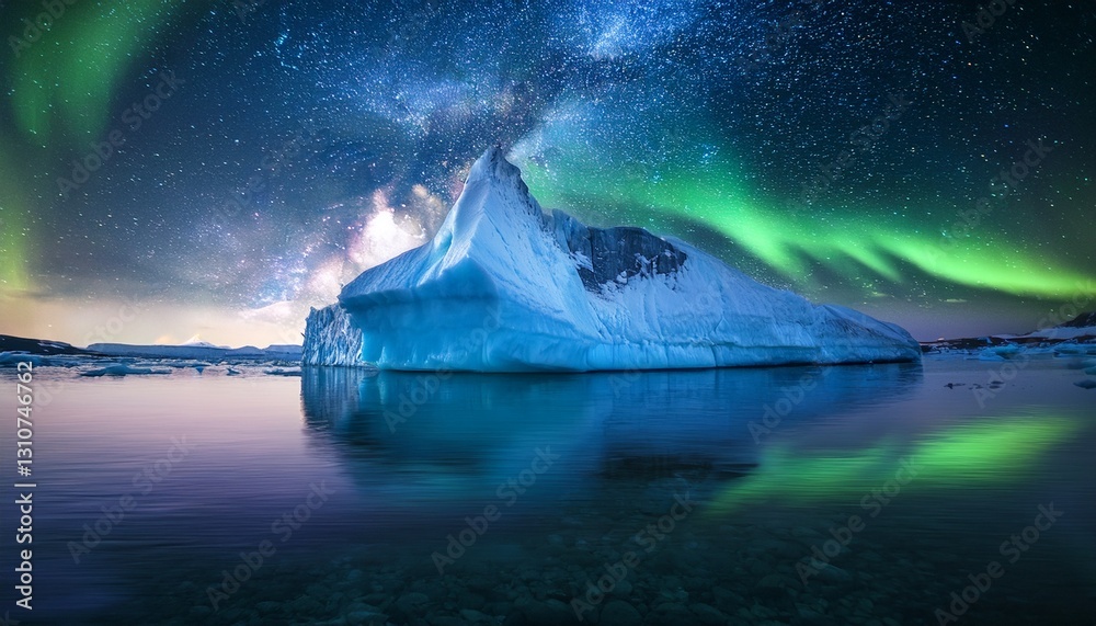 iceberg at night with starry sky and northern lights iceberg at night with starry sky and northern lights