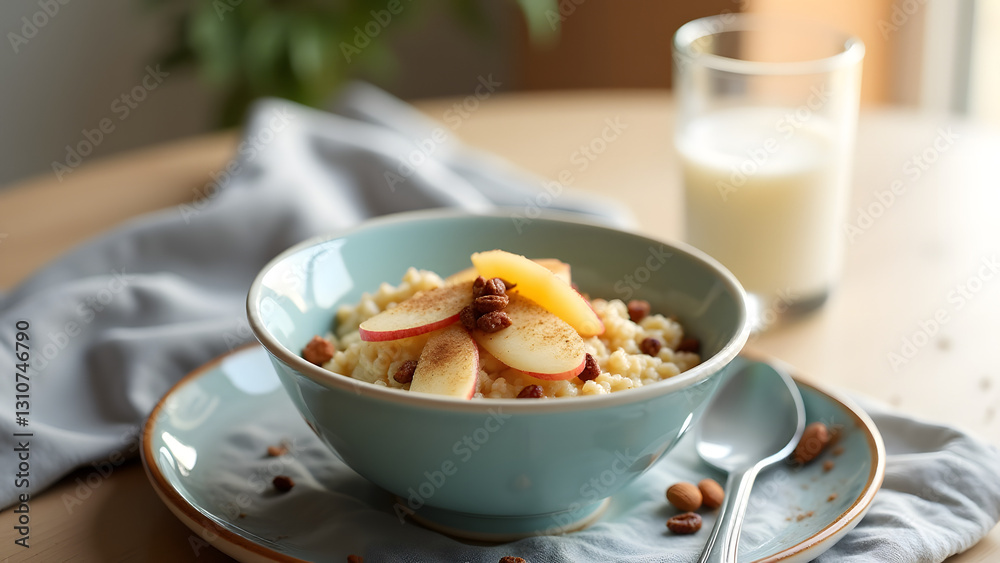A cozy breakfast of oatmeal with apple, cinnamon, raisins, and almond milk. Soft backlighting creates warmth, set on a light wood table with a gray linen cloth. A cozy breakfast of oatmeal with apple, cinnamon, raisins, and almond milk. Soft backlighting creates warmth, set on a light wood table with a gray linen cloth.