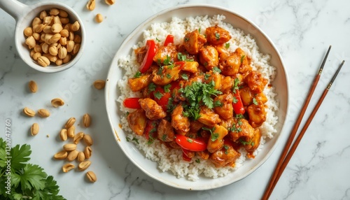 Delicious honey glazed chicken with rice presented on a marble countertop