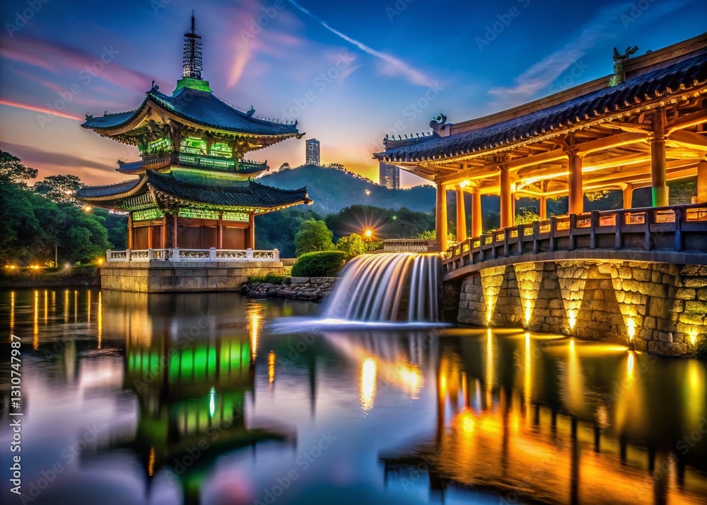 Obraz premium Night View of Seoul Tower with Illuminated Bridge and Fountain
