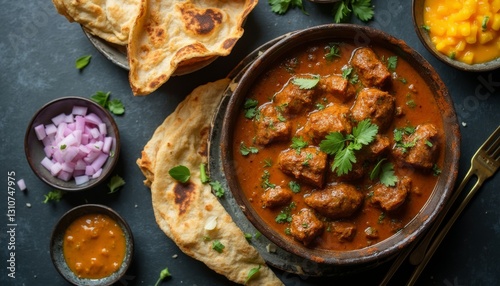 Delicious Indian butter chicken with naan bread and mango chutney dish