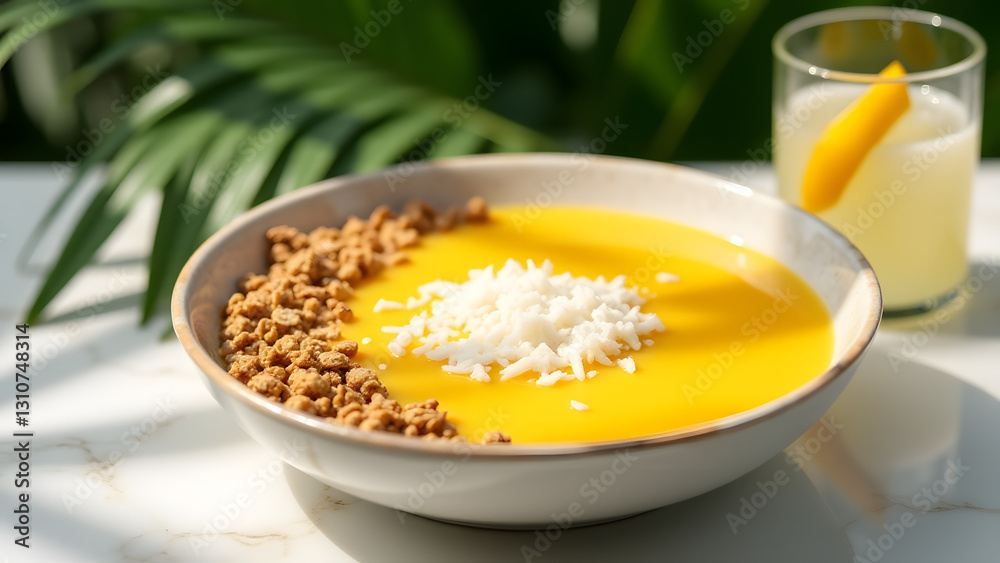 A tropical breakfast of mango smoothie bowl with granola, coconut, and coconut water. Natural lighting highlights the bright colors, set on a marble table with tropical leaves. A tropical breakfast of mango smoothie bowl with granola, coconut, and coconut water. Natural lighting highlights the bright colors, set on a marble table with tropical leaves.