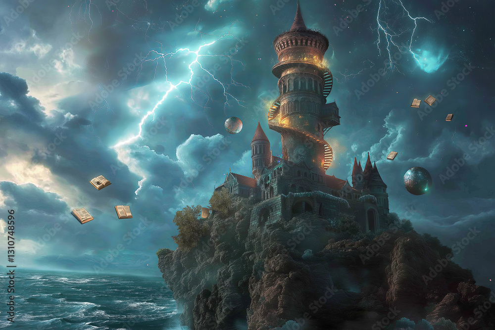 Magic Enchanted Sorcerer's Tower on a Jagged Cliff