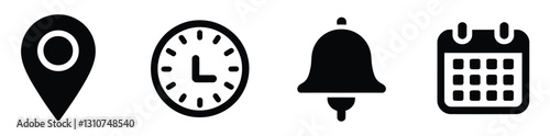 Minimalist black interface icons set including location pin, analog clock, notification bell, and calendar. Flat vector symbols for mobile app UI design, website navigation, and digital tools.