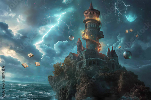 Obraz na płótnie Magic Enchanted Sorcerer's Tower on a Jagged Cliff w salonie