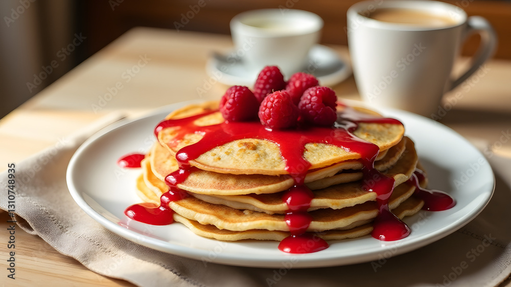 A cozy breakfast of oat crepes with raspberry jam, fresh raspberries, and milky coffee. Warm lighting highlights the textures, set on a light wood table with a beige linen cloth. A cozy breakfast of oat crepes with raspberry jam, fresh raspberries, and milky coffee. Warm lighting highlights the textures, set on a light wood table with a beige linen cloth.