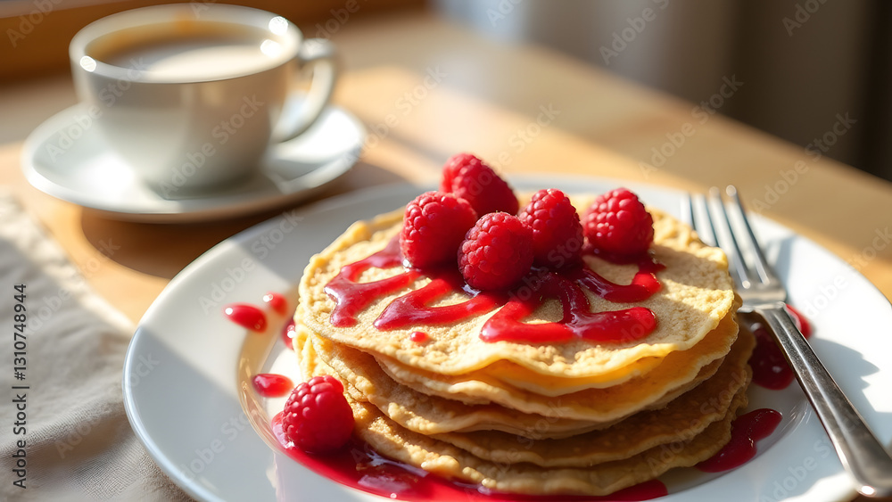 A cozy breakfast of oat crepes with raspberry jam, fresh raspberries, and milky coffee. Warm lighting highlights the textures, set on a light wood table with a beige linen cloth. A cozy breakfast of oat crepes with raspberry jam, fresh raspberries, and milky coffee. Warm lighting highlights the textures, set on a light wood table with a beige linen cloth.