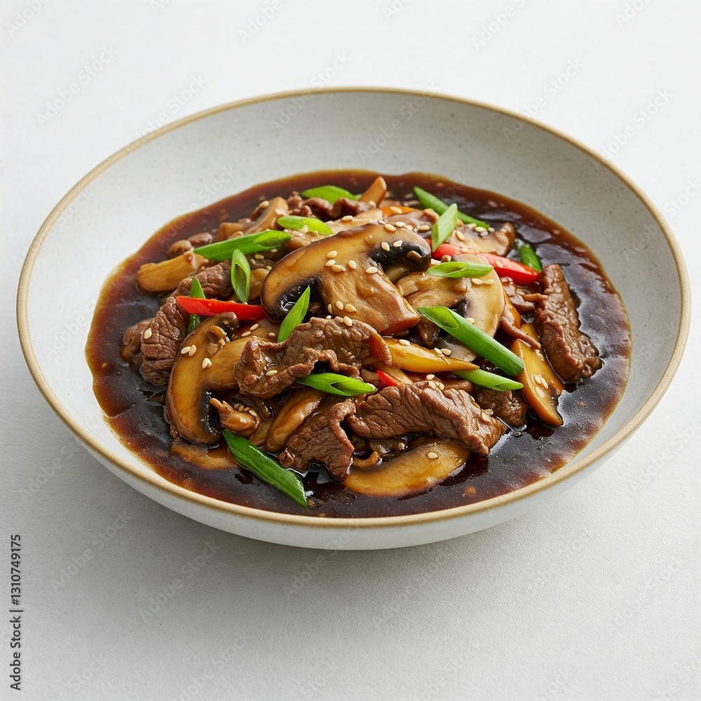 A Savory and Flavorful Beef and Mushroom Stir-fry in a Rich Soy Sauce-Based Broth A Savory and Flavorful Beef and Mushroom Stir-fry in a Rich Soy Sauce-Based Broth