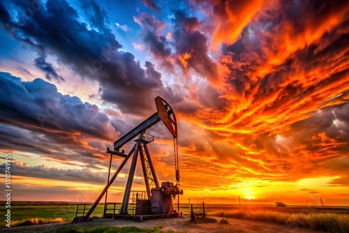 Oil Pump Jack Silhouette at Sunset - Energy Industry Stock Photo