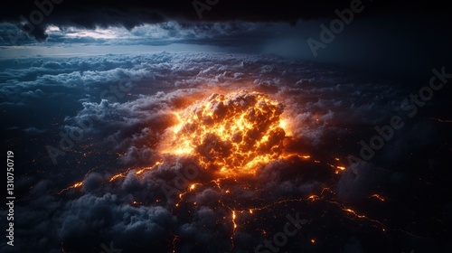 A dramatic fireball in the sky creating a stunning visual display of energy and power against a darkened background photo