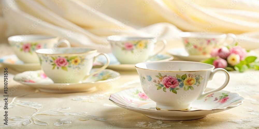 Elegant floral teacups and saucers arranged on a delicate lace tablecloth, bathed in soft sunlight. Elegant floral teacups and saucers arranged on a delicate lace tablecloth, bathed in soft sunlight.