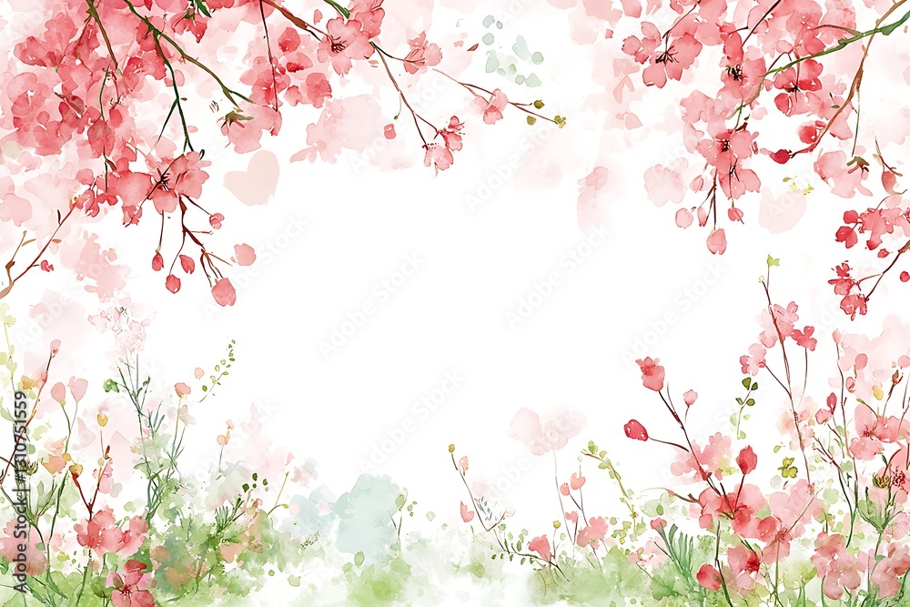 Fototapeta premium Nature's delicate flowers in watercolor style framing a soft blank canvas springtime