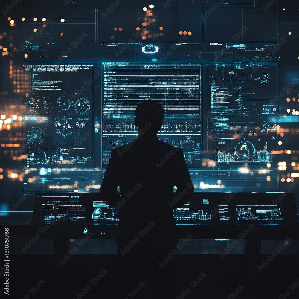 A man is standing in front of a computer monitor with a dark background A man is standing in front of a computer monitor with a dark background
