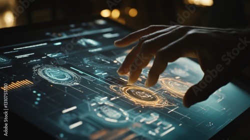 A closeup of a person using a hand gesture to manipulate a floating holographic interface showcasing diagrammatic workflows and graphs with an atmosphere of techdriven innovation and