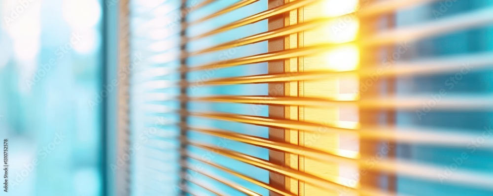 Obraz premium breaking free from fear concept. Sunlight streaming through vertical blinds, creating a warm, tranquil atmosphere with soft shadows on a blue background.