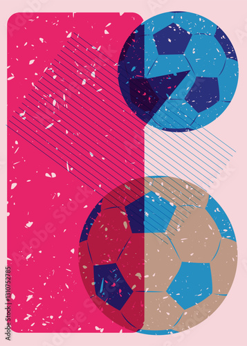 Risograph Football Ball with speech bubble with geometric shapes. Objects in trendy riso graph print texture style design with geometry elements.